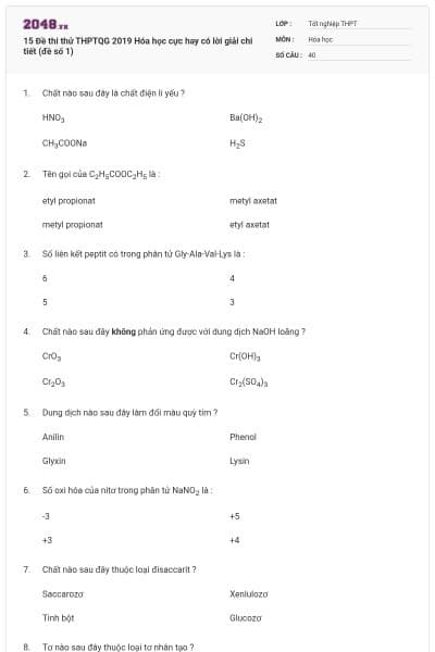 15 Đề thi thử THPTQG 2019 Hóa học cực hay có lời giải chi tiết (đề số 1)