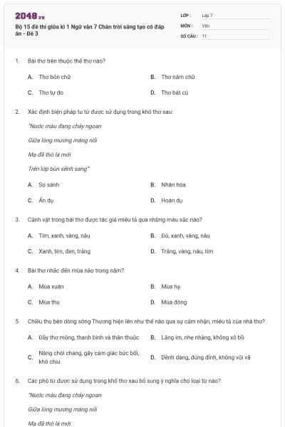 Bộ 15 đề thi giữa kì 1 Ngữ văn 7 Chân trời sáng tạo có đáp án - Đề 3