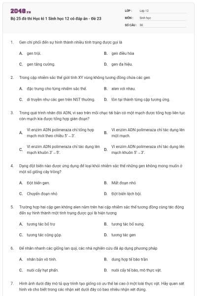Bộ 25 đề thi Học kì 1 Sinh học 12 có đáp án - Đề 23