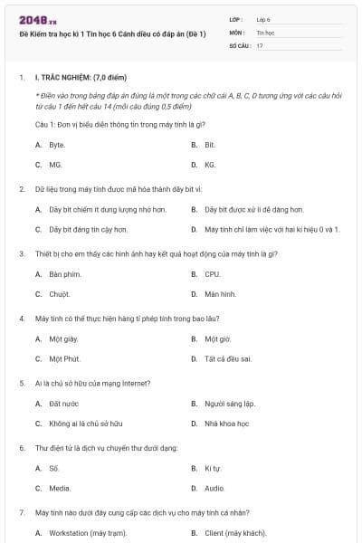 Đề Kiểm tra học kì 1 Tin học 6 Cánh diều có đáp án (Đề 1)