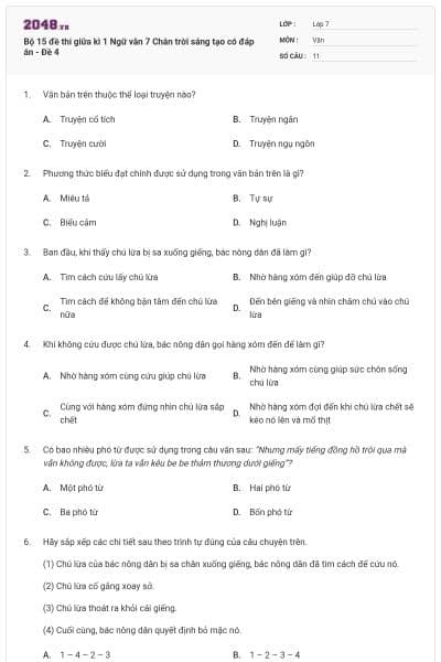 Bộ 15 đề thi giữa kì 1 Ngữ văn 7 Chân trời sáng tạo có đáp án - Đề 4