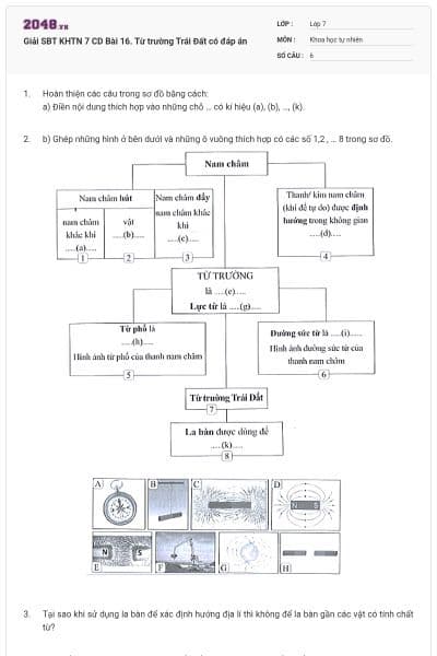 Giải SBT KHTN 7 CD Bài 16. Từ trường Trái Đất có đáp án