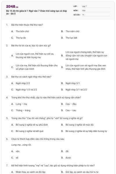 Bộ 15 đề thi giữa kì 1 Ngữ văn 7 Chân trời sáng tạo có đáp án - Đề 5