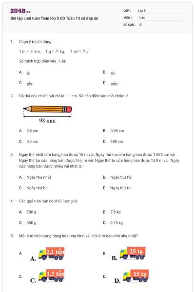 Bài tập cuối tuần Toán lớp 5 CD Tuần 13 có đáp án