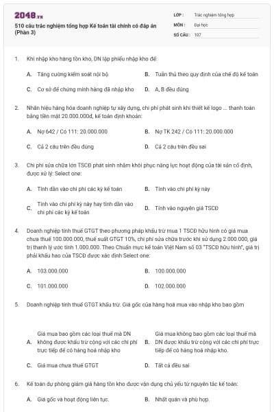 510 câu trắc nghiệm tổng hợp Kế toán tài chính có đáp án (Phần 3)