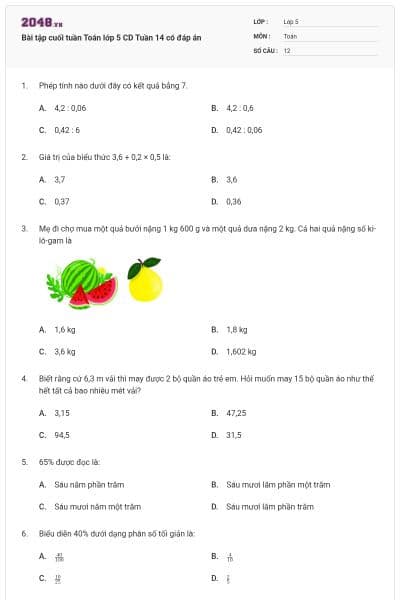 Bài tập cuối tuần Toán lớp 5 CD Tuần 14 có đáp án