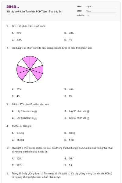 Bài tập cuối tuần Toán lớp 5 CD Tuần 15 có đáp án