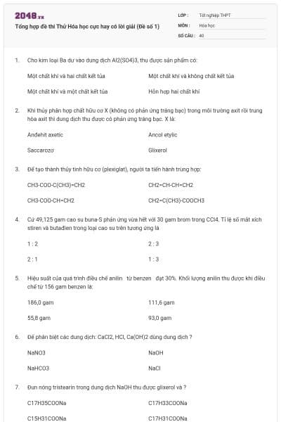 Tổng hợp đề thi Thử Hóa học cực hay có lời giải (Đề số 1)