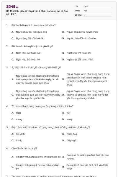 Bộ 15 đề thi giữa kì 1 Ngữ văn 7 Chân trời sáng tạo có đáp án - Đề 7