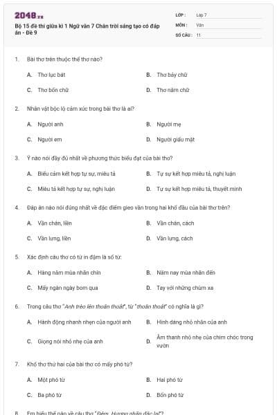 Bộ 15 đề thi giữa kì 1 Ngữ văn 7 Chân trời sáng tạo có đáp án - Đề 9