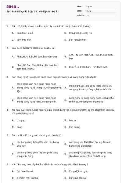 Bộ 18 Đề thi học kì 1 Địa lí 11 có đáp án - Đề 9