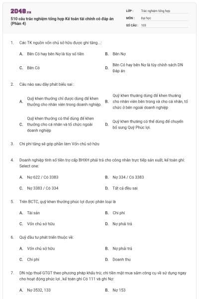510 câu trắc nghiệm tổng hợp Kế toán tài chính có đáp án (Phần 4)