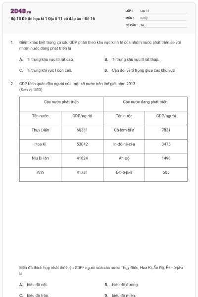 Bộ 18 Đề thi học kì 1 Địa lí 11 có đáp án - Đề 16