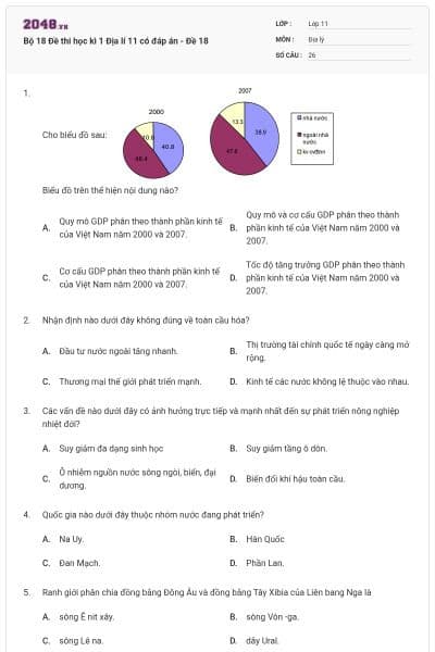 Bộ 18 Đề thi học kì 1 Địa lí 11 có đáp án - Đề 18