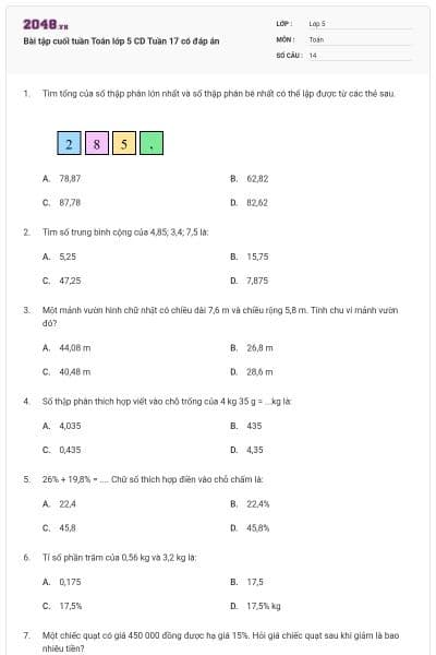 Bài tập cuối tuần Toán lớp 5 CD Tuần 17 có đáp án