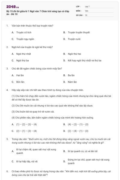 Bộ 15 đề thi giữa kì 1 Ngữ văn 7 Chân trời sáng tạo có đáp án - Đề 10