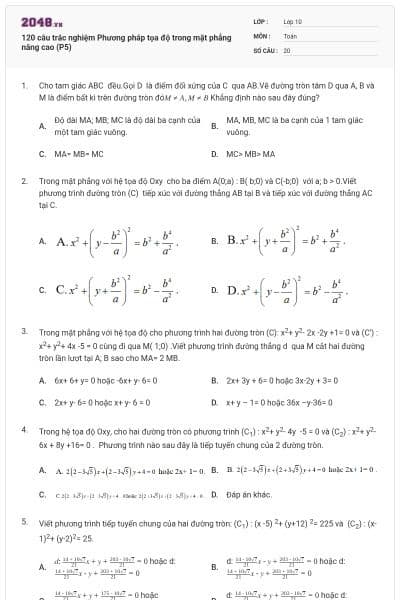 120 câu trắc nghiệm Phương pháp tọa độ trong mặt phẳng nâng cao (P5)