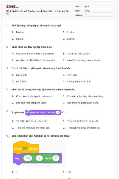 Bộ 4 đề thi cuối kì 2 Tin học lớp 4 Cánh diều có đáp án( Đề 2 )