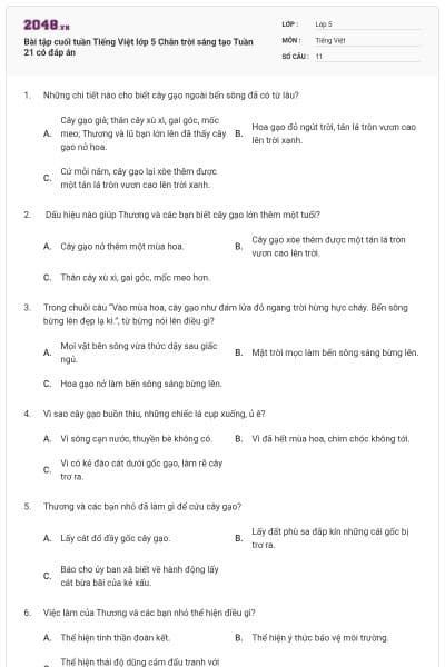 Bài tập cuối tuần Tiếng Việt lớp 5 Chân trời sáng tạo Tuần 21 có đáp án