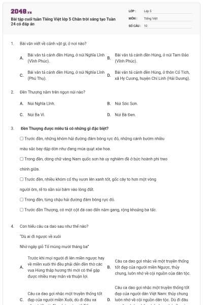 Bài tập cuối tuần Tiếng Việt lớp 5 Chân trời sáng tạo Tuần 24 có đáp án