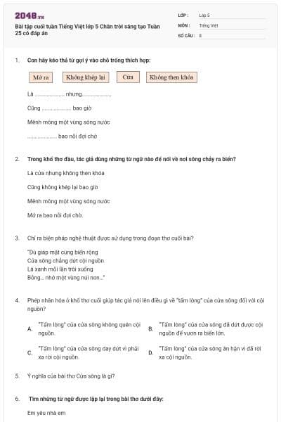 Bài tập cuối tuần Tiếng Việt lớp 5 Chân trời sáng tạo Tuần 25 có đáp án