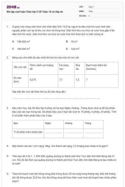 Bài tập cuối tuần Toán lớp 5 CD Tuần 18 có đáp án