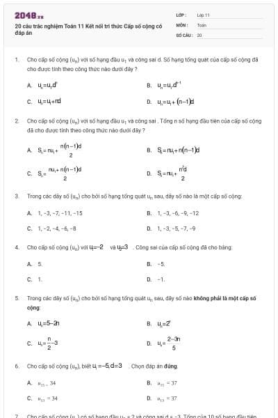 20 câu trắc nghiệm Toán 11 Kết nối tri thức Cấp số cộng có đáp án
