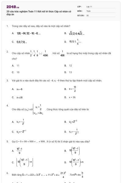 20 câu trắc nghiệm Toán 11 Kết nối tri thức Cấp số nhân có đáp án