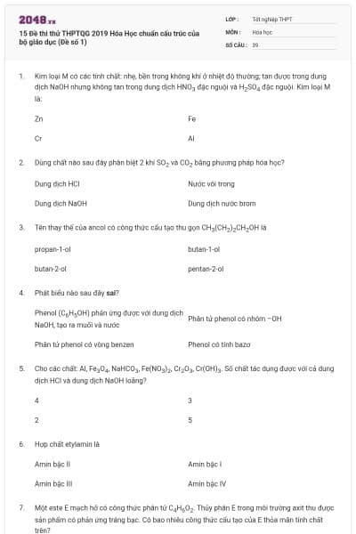 15 Đề thi thử THPTQG 2019 Hóa Học chuẩn cấu trúc của bộ giáo dục (Đề số 1)
