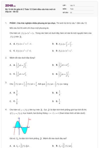 Bộ 10 đề thi giữa kì 2 Toán 12 Cánh diều cấu trúc mới có đáp án - Đề 02