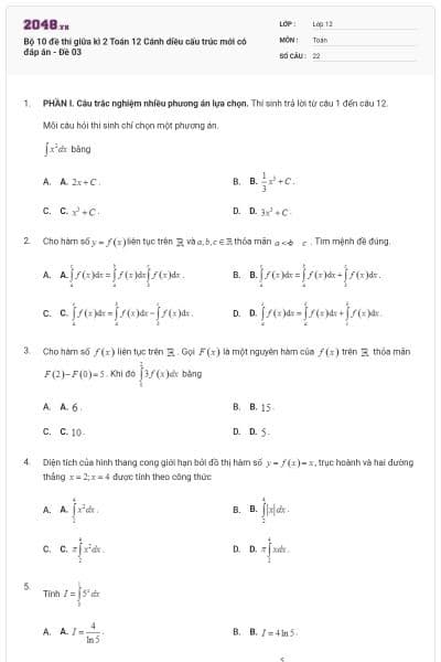 Bộ 10 đề thi giữa kì 2 Toán 12 Cánh diều cấu trúc mới có đáp án - Đề 03