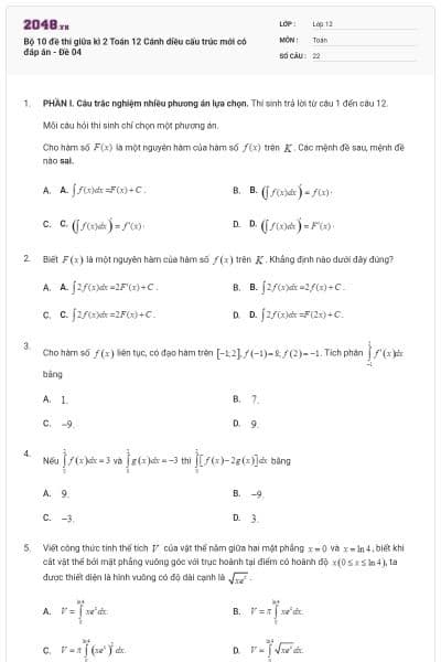 Bộ 10 đề thi giữa kì 2 Toán 12 Cánh diều cấu trúc mới có đáp án - Đề 04