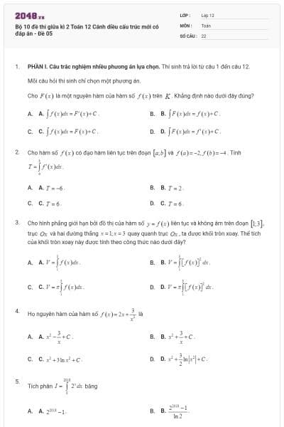 Bộ 10 đề thi giữa kì 2 Toán 12 Cánh diều cấu trúc mới có đáp án - Đề 05