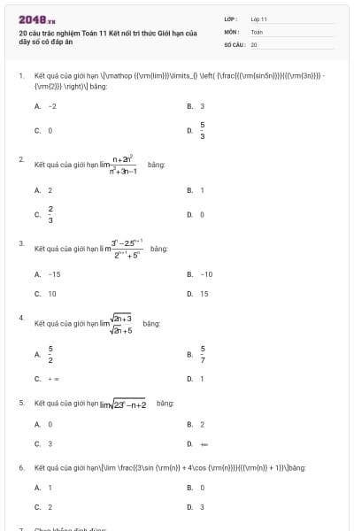 20 câu trắc nghiệm Toán 11 Kết nối tri thức Giới hạn của dãy số có đáp án