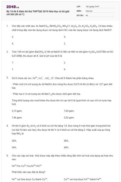 Bộ 10 đề 8 điểm thi thử THPTQG 2019 Hóa Học có lời giải chi tiết (đề số 1)