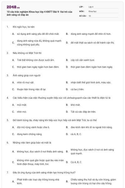 10 câu trắc nghiệm Khoa học lớp 4 KNTT Bài 9: Vai trò của ánh sáng có đáp án
