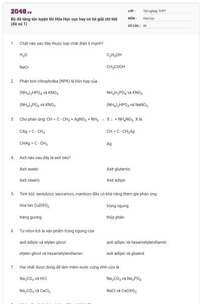 Bộ đề tăng tốc luyện thi Hóa Học cực hay có lời giải chi tiết (đề số 1)