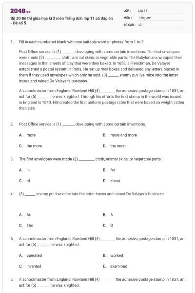 Bộ 30 Đề thi giữa học kì 2 môn Tiếng Anh lớp 11 có đáp án - Đề số 5