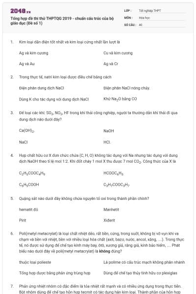 Tổng hợp đề thi thử THPTQG 2019 - chuẩn cấu trúc của bộ giáo dục (Đề số 1)