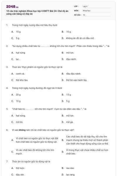 10 câu trắc nghiệm Khoa học lớp 4 KNTT Bài 24: Chế độ ăn uống cân bằng có đáp án