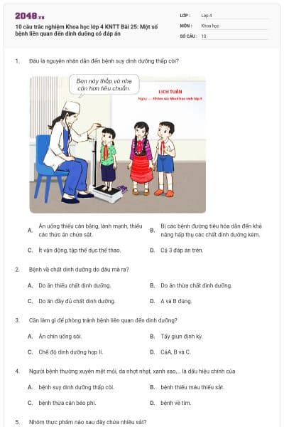 10 câu trắc nghiệm Khoa học lớp 4 KNTT Bài 25: Một số bệnh liên quan đến dinh dưỡng có đáp án