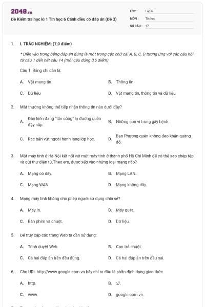 Đề Kiểm tra học kì 1 Tin học 6 Cánh diều có đáp án (Đề 3)