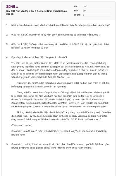 Giải SBT Ngữ văn lớp 7 Bài 3 Đọc hiểu: Nhật trình Sol 6 có đáp án