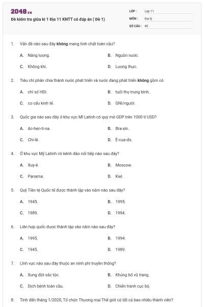 Đề kiểm tra giữa kì 1 Địa 11 KNTT có đáp án ( Đề 1)