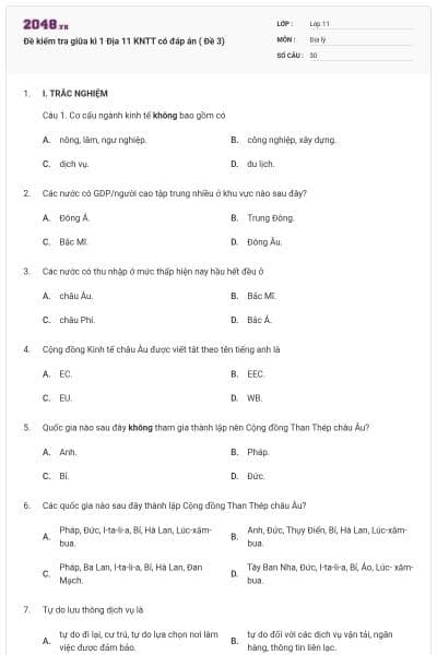 Đề kiểm tra giữa kì 1 Địa 11 KNTT có đáp án ( Đề 3)