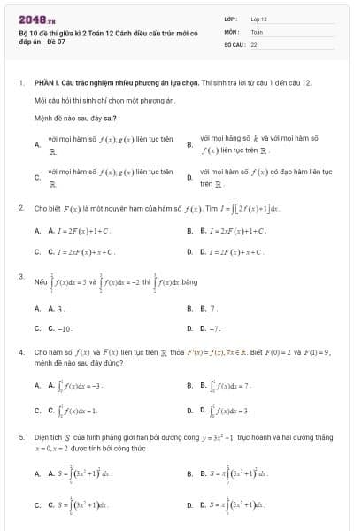 Bộ 10 đề thi giữa kì 2 Toán 12 Cánh diều cấu trúc mới có đáp án - Đề 07