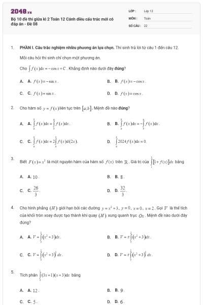 Bộ 10 đề thi giữa kì 2 Toán 12 Cánh diều cấu trúc mới có đáp án - Đề 08