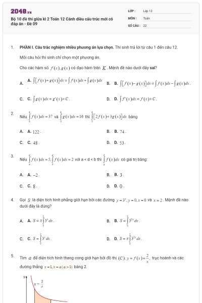 Bộ 10 đề thi giữa kì 2 Toán 12 Cánh diều cấu trúc mới có đáp án - Đề 09