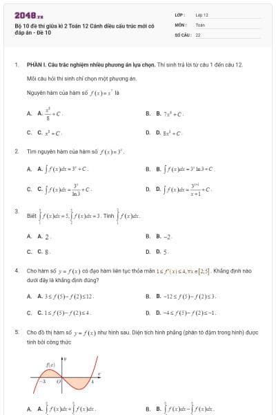 Bộ 10 đề thi giữa kì 2 Toán 12 Cánh diều cấu trúc mới có đáp án - Đề 10