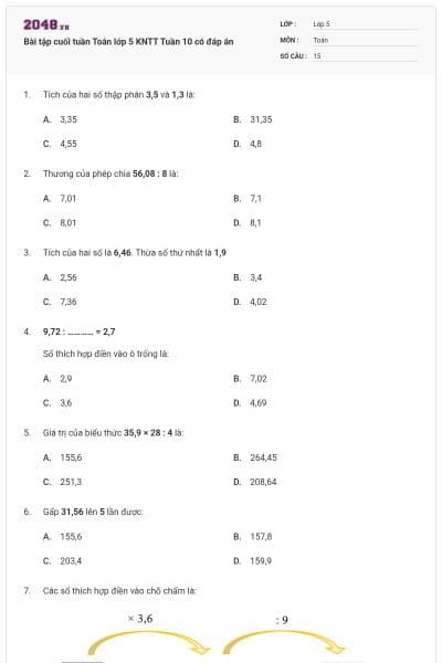 Bài tập cuối tuần Toán lớp 5 KNTT Tuần 10 có đáp án